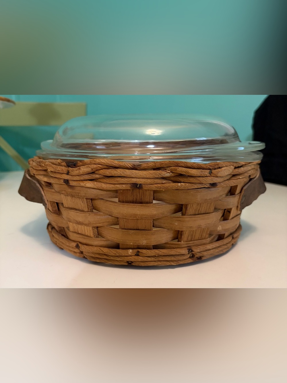 Pyrex Brown Woven Basket with 2 QT Clear Glass Baking Dish